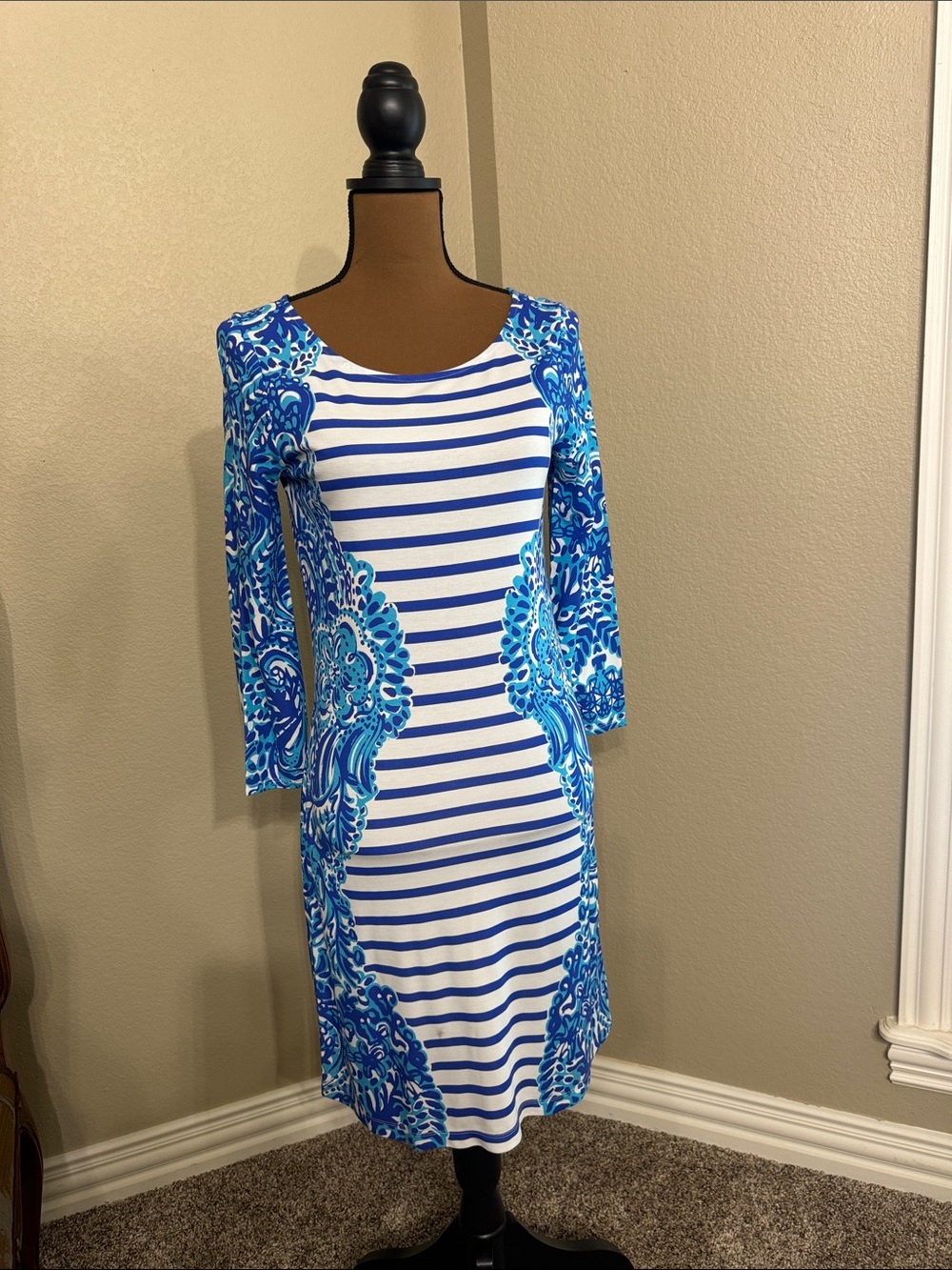 Lilly Pulitzer Blue & White Striped Floral-Panel Long Sleeve Dress
